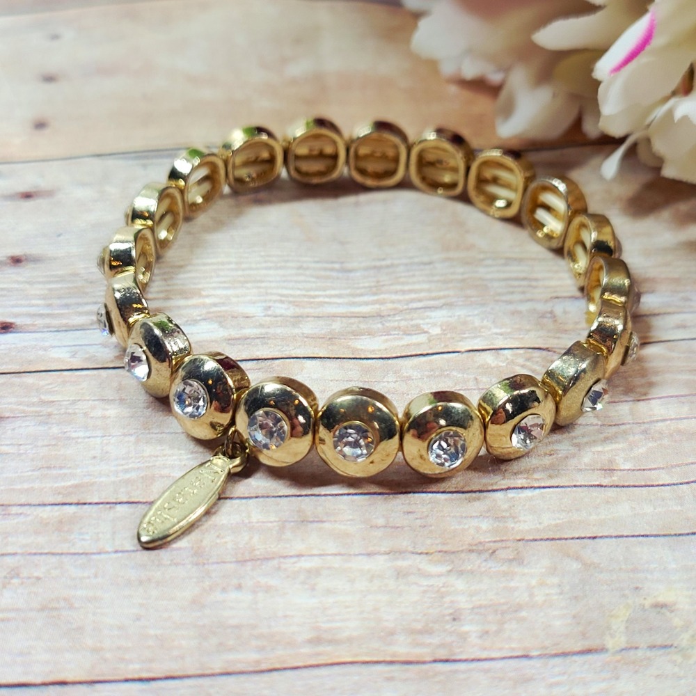 Natasha Signed Gold Tone Bezel Set Crystal Stretch Bracelet Modernist